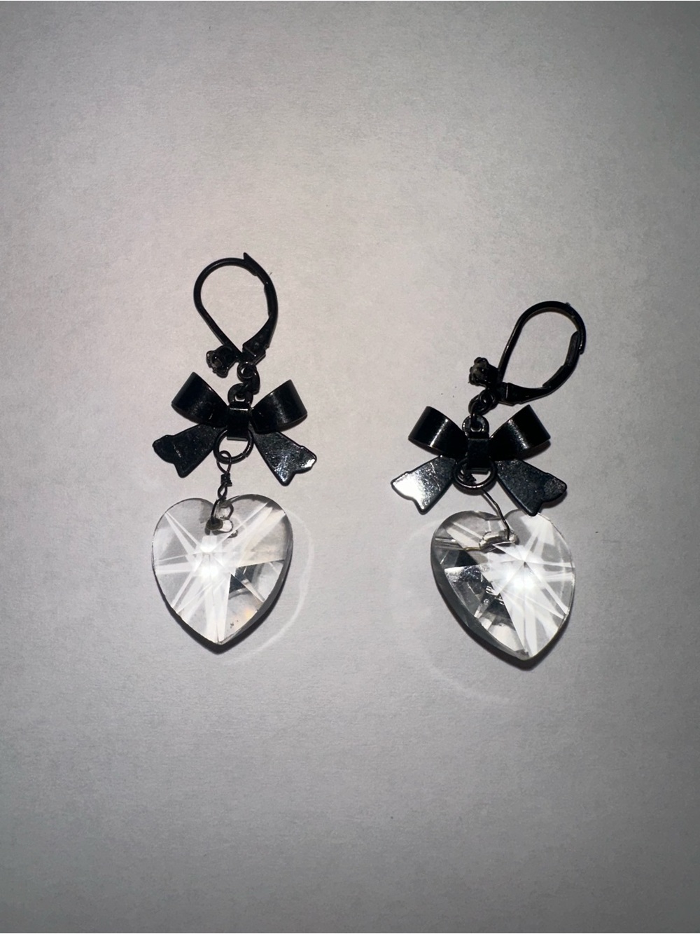 Vintage Betsey Johnson Black Enamel Bow Crystal Heart Drop Earrings Leverback